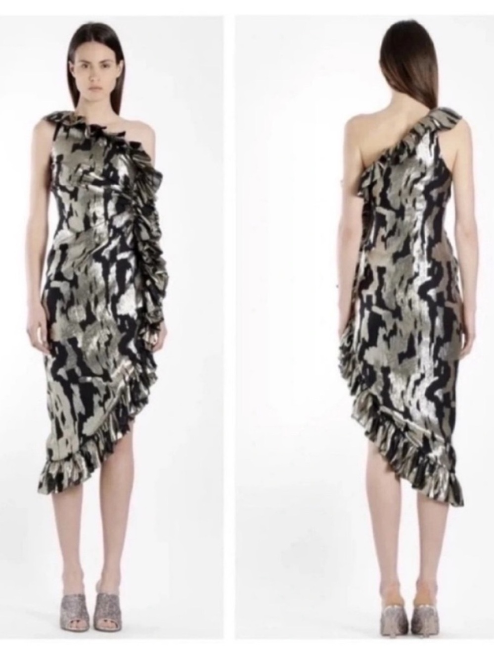 NWT The Attico Abito Asymmetric One Shoulder Metallic Midi Cocktail Dress Gold